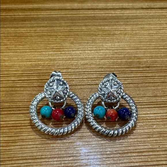 Silver Multi-Bead Hoop Stud Earrings - Turquoise, Red, Navy - Picture 2 of 2